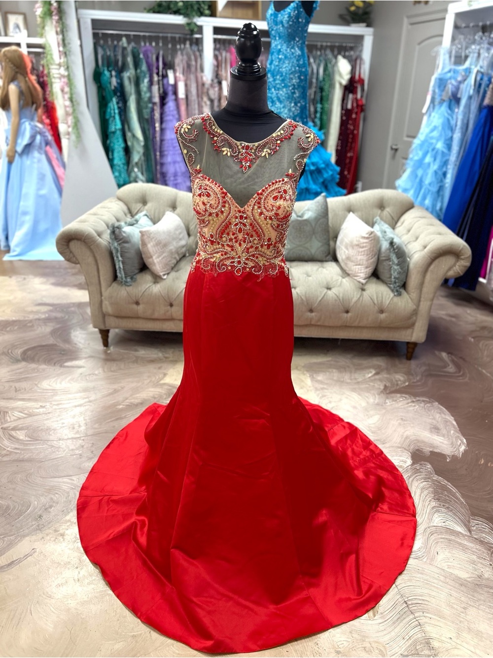 Red Beaded Illusion Neck Prom Gown
